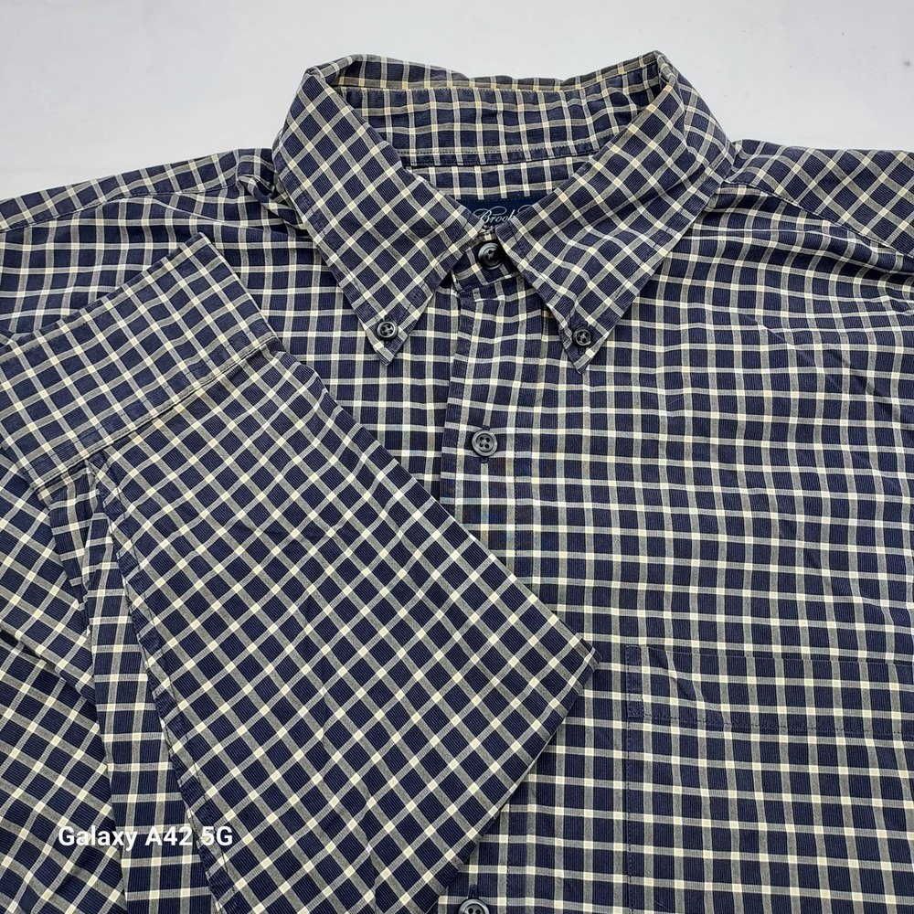 Brooks Brothers Mens Large Navy Blue Check Plaid Cotton Button Down Shirt L